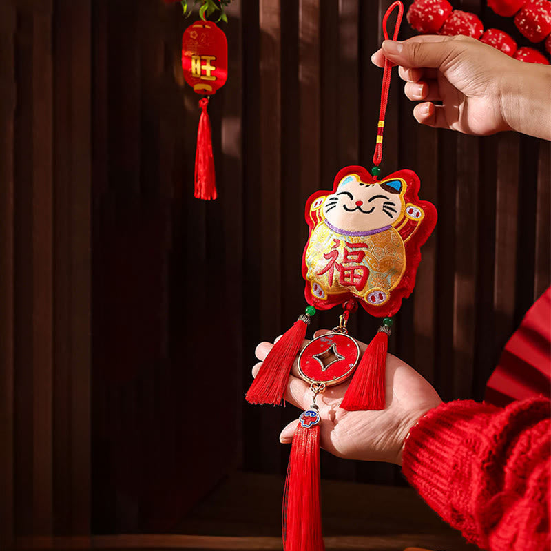 Nimara Ritual Embroidery Year Of The Horse Fu Character Copper Coin Shape Red String Hanging Decoration