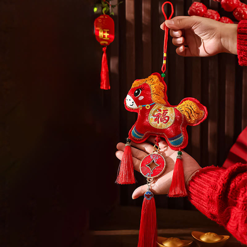 Nimara Ritual Embroidery Year Of The Horse Fu Character Copper Coin Shape Red String Hanging Decoration