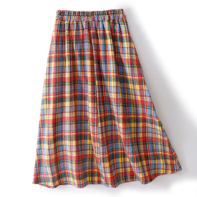 Nimara Ritual Fall Winter Women's Plaid Pattern Cotton Skirt With Pockets