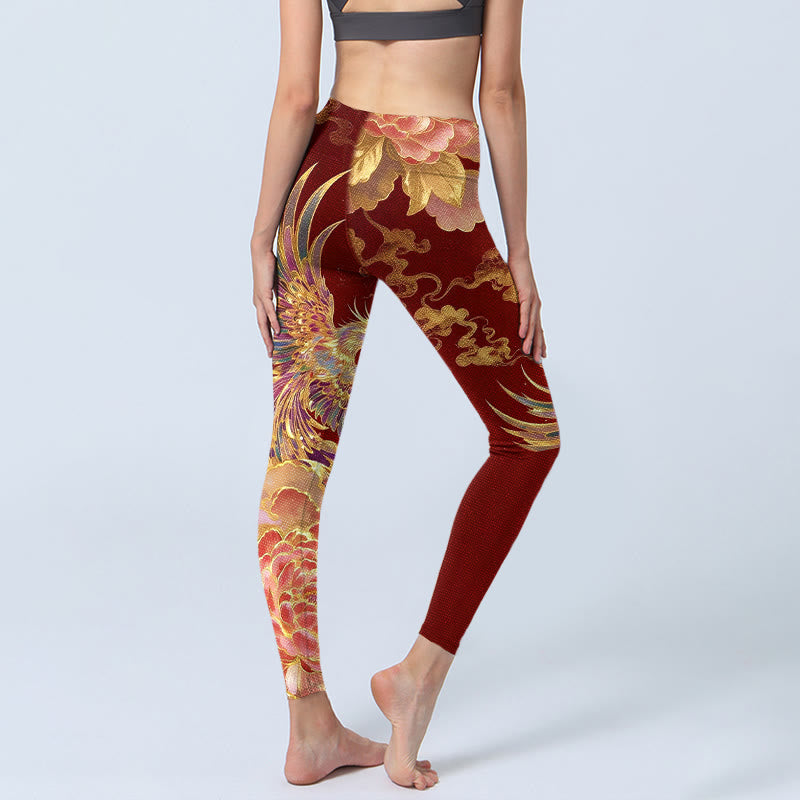 Nimara Ritual Gorgeous Phoenix Peony Cloud Pattern Print Gym Leggings Women's Yoga Pants