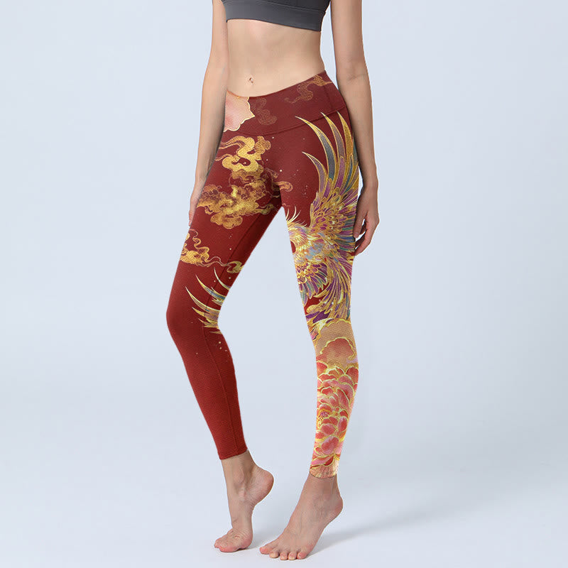 Nimara Ritual Gorgeous Phoenix Peony Cloud Pattern Print Gym Leggings Women's Yoga Pants