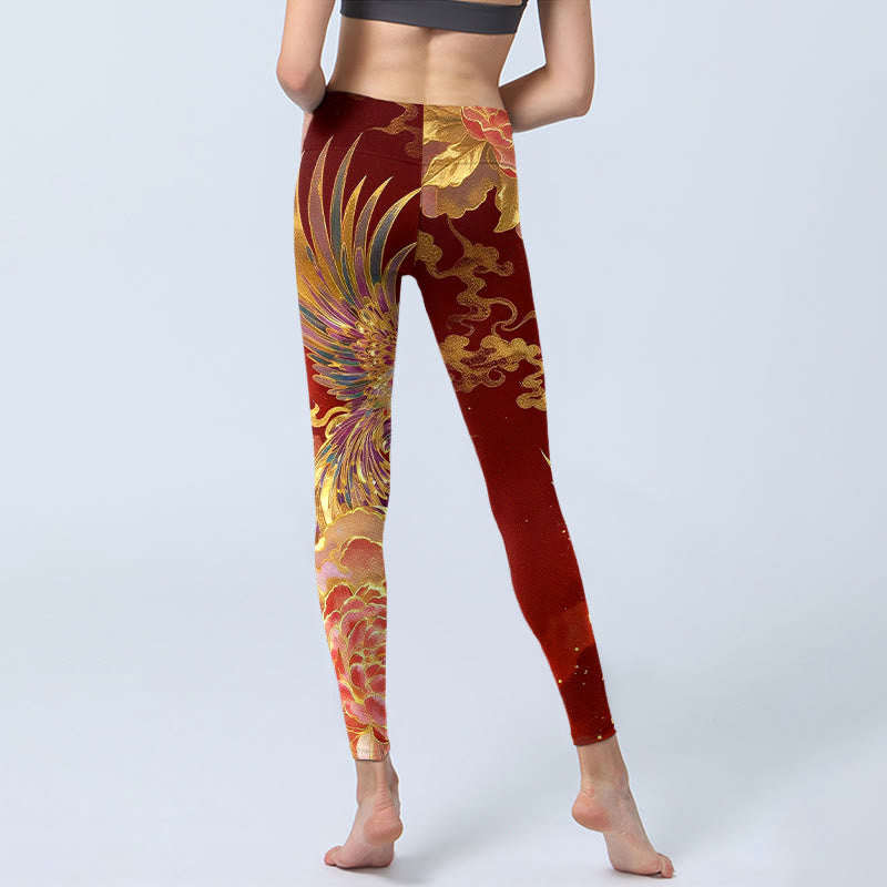 Nimara Ritual Gorgeous Phoenix Peony Cloud Pattern Print Gym Leggings Women's Yoga Pants