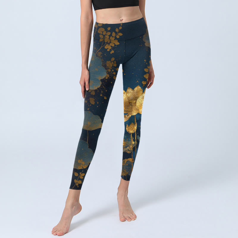 Nimara Ritual Elegant Dignified Lotus Flower Leaf Spot Pattern Print Gym Leggings Women's Yoga Pants