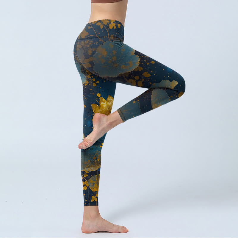 Nimara Ritual Elegant Dignified Lotus Flower Leaf Spot Pattern Print Gym Leggings Women's Yoga Pants