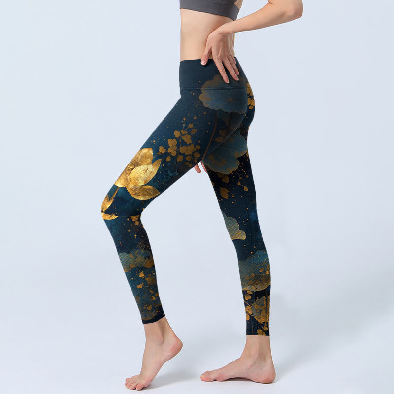 Nimara Ritual Elegant Dignified Lotus Flower Leaf Spot Pattern Print Gym Leggings Women's Yoga Pants