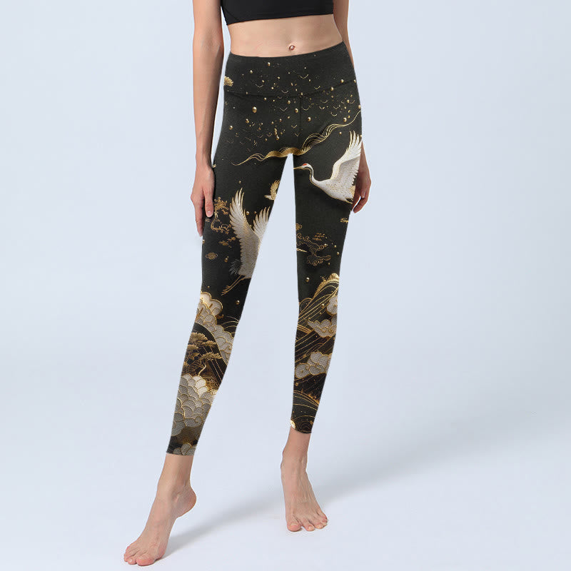 Nimara Ritual Crane Cloud Waves Pine Tree Pattern With Delicate Lines Print Gym Leggings Women's Yoga Pants