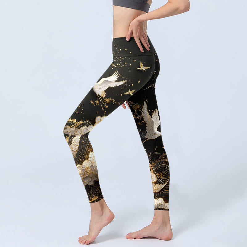 Nimara Ritual Crane Cloud Waves Pine Tree Pattern With Delicate Lines Print Gym Leggings Women's Yoga Pants