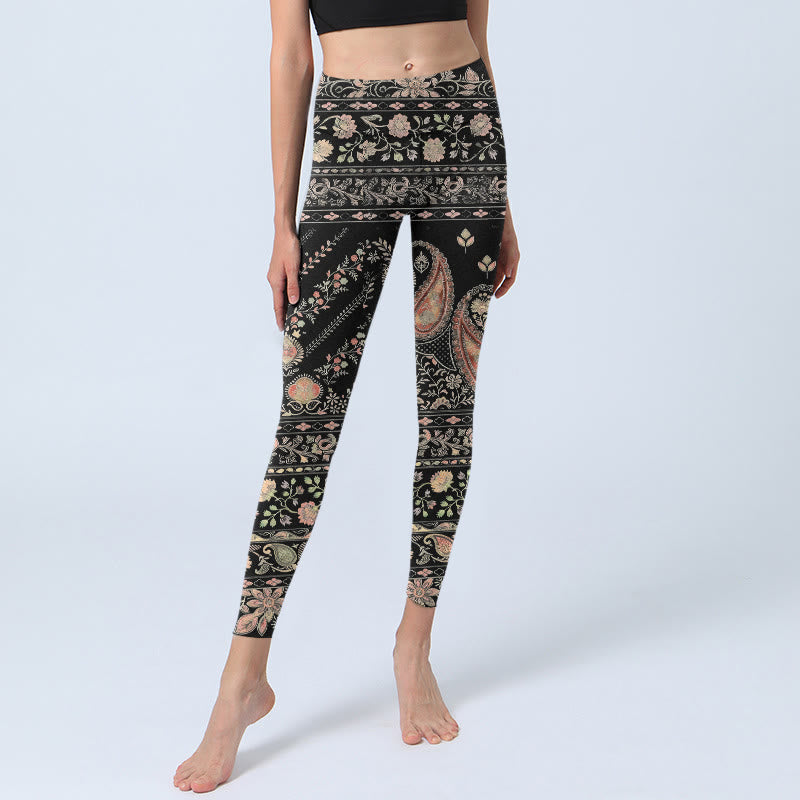 Nimara Ritual Retro Repetitive Flower Leaf Vine Pattern Print Gym Leggings Women's Yoga Pants