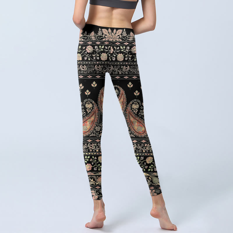 Nimara Ritual Retro Repetitive Flower Leaf Vine Pattern Print Gym Leggings Women's Yoga Pants