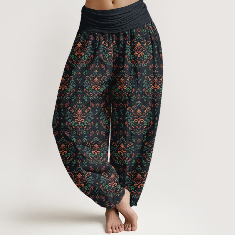 Nimara Ritual Pure Cotton Retro Symmetrical Flower Leaf Pattern Women's Elastic Waist Harem Pants