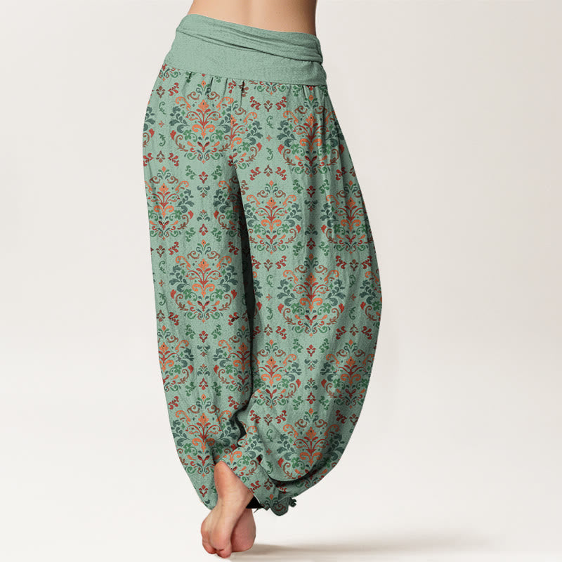 Nimara Ritual Pure Cotton Retro Symmetrical Flower Leaf Pattern Women's Elastic Waist Harem Pants