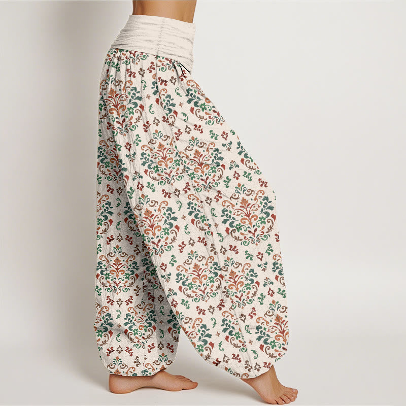 Nimara Ritual Pure Cotton Retro Symmetrical Flower Leaf Pattern Women's Elastic Waist Harem Pants