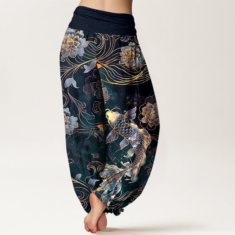 Nimara Ritual Pure Cotton Dreamlike Koi Fish Peony Curve Pattern Women's Elastic Waist Harem Pants