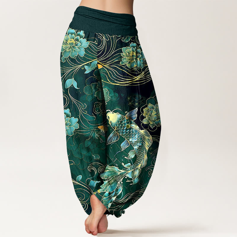 Nimara Ritual Pure Cotton Dreamlike Koi Fish Peony Curve Pattern Women's Elastic Waist Harem Pants