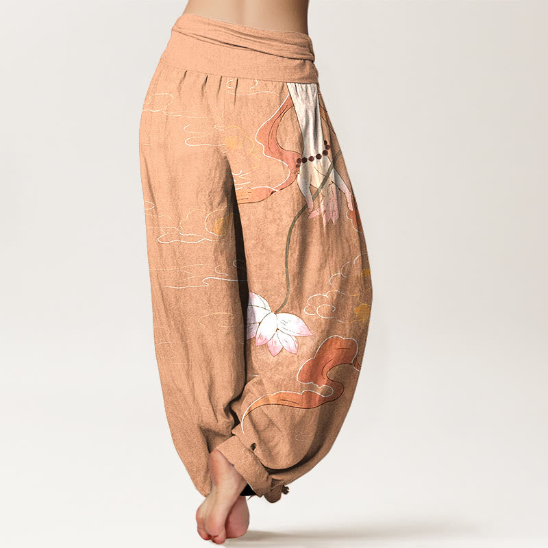Nimara Ritual Pure Cotton Lotus Flower Flowing Ribbons Hand Wearing Prayer Beads Clouds Pattern Women's Elastic Waist Harem Pants