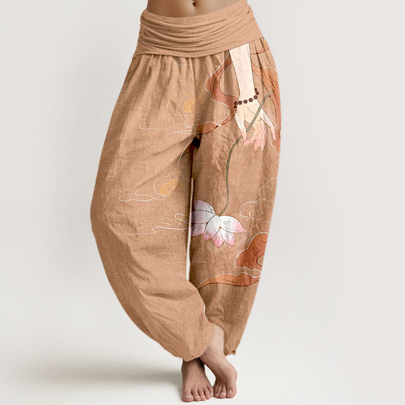 Nimara Ritual Pure Cotton Lotus Flower Flowing Ribbons Hand Wearing Prayer Beads Clouds Pattern Women's Elastic Waist Harem Pants