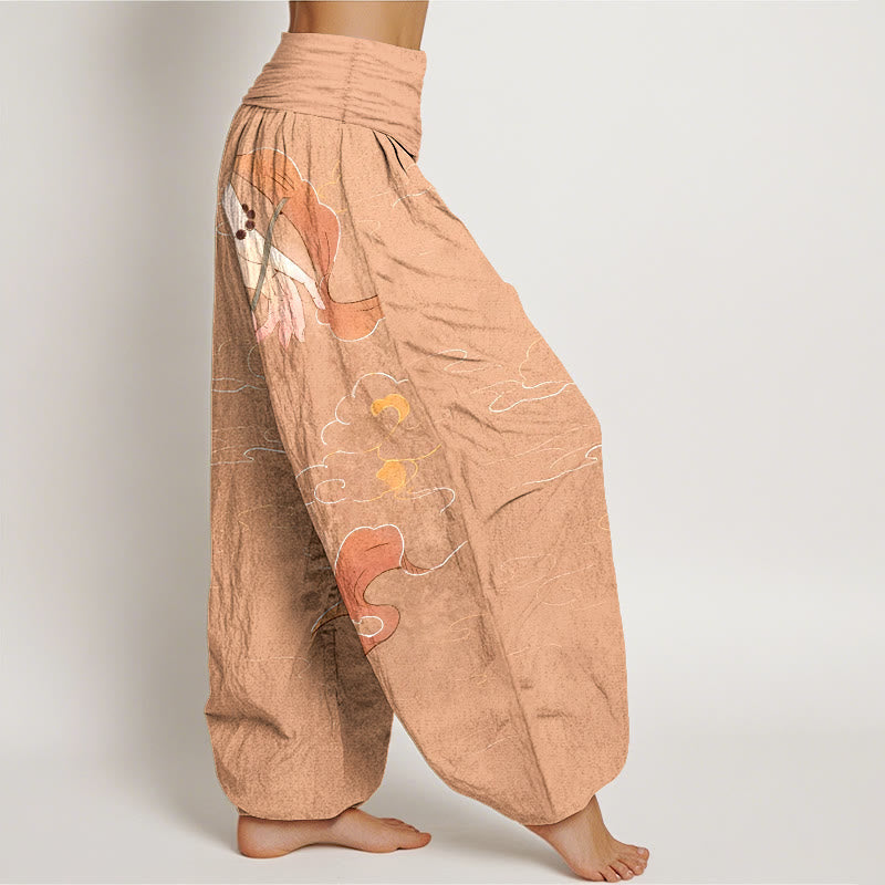 Nimara Ritual Pure Cotton Lotus Flower Flowing Ribbons Hand Wearing Prayer Beads Clouds Pattern Women's Elastic Waist Harem Pants