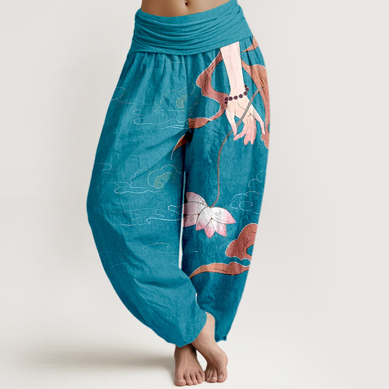 Nimara Ritual Pure Cotton Lotus Flower Flowing Ribbons Hand Wearing Prayer Beads Clouds Pattern Women's Elastic Waist Harem Pants