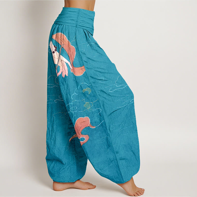 Nimara Ritual Pure Cotton Lotus Flower Flowing Ribbons Hand Wearing Prayer Beads Clouds Pattern Women's Elastic Waist Harem Pants