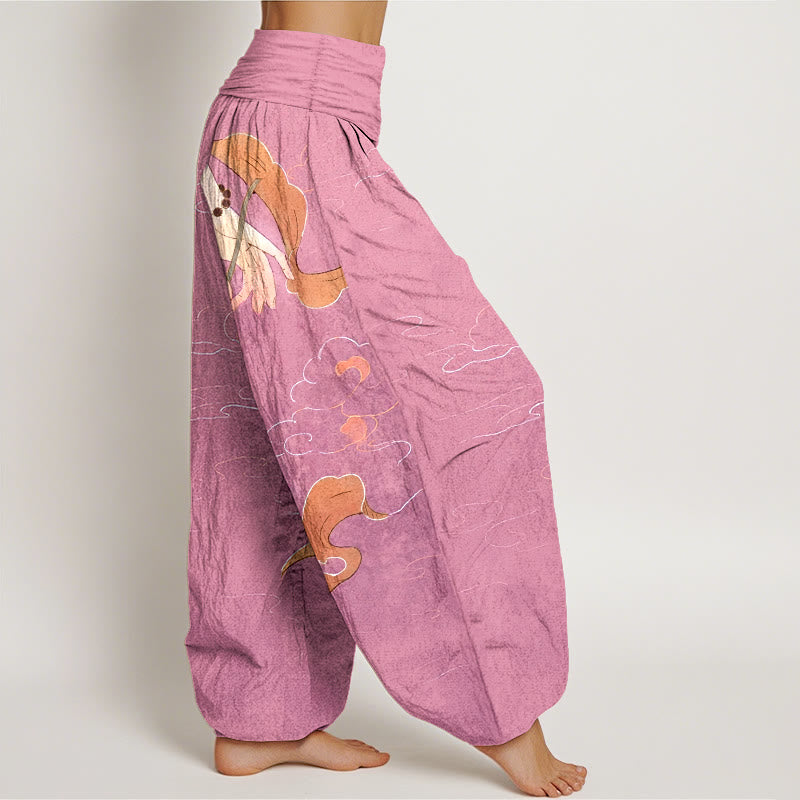 Nimara Ritual Pure Cotton Lotus Flower Flowing Ribbons Hand Wearing Prayer Beads Clouds Pattern Women's Elastic Waist Harem Pants