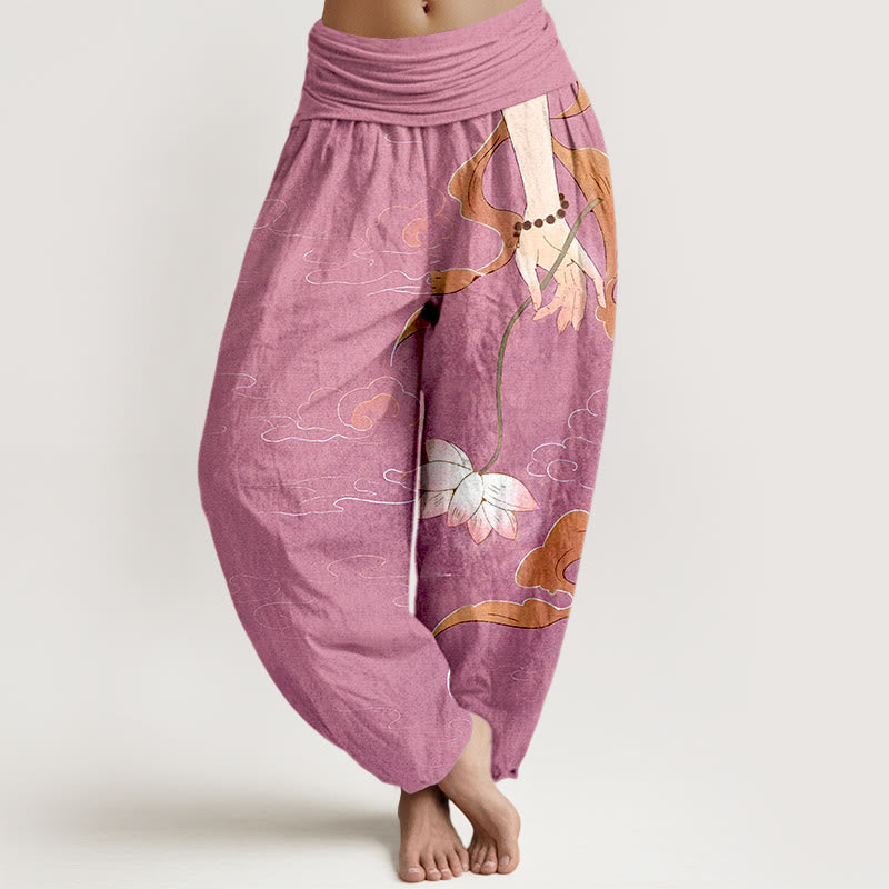Nimara Ritual Pure Cotton Lotus Flower Flowing Ribbons Hand Wearing Prayer Beads Clouds Pattern Women's Elastic Waist Harem Pants