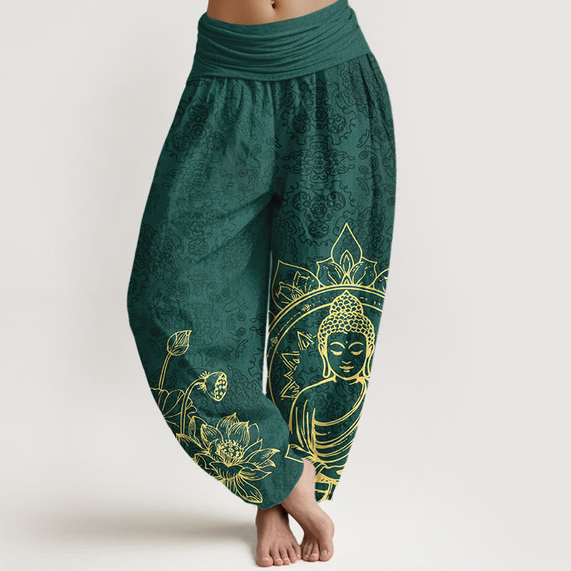Nimara Ritual Pure Cotton Classical Lotus Flower Seedpod Leaf Buddha Pattern Women's Elastic Waist Harem Pants