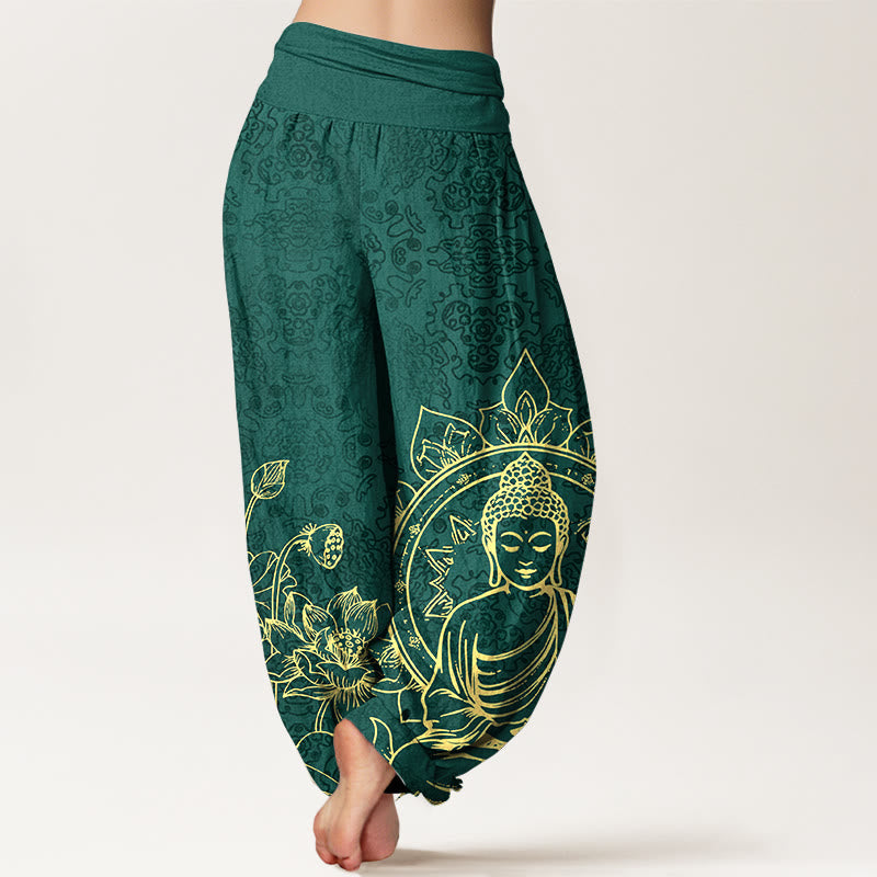 Nimara Ritual Pure Cotton Classical Lotus Flower Seedpod Leaf Buddha Pattern Women's Elastic Waist Harem Pants
