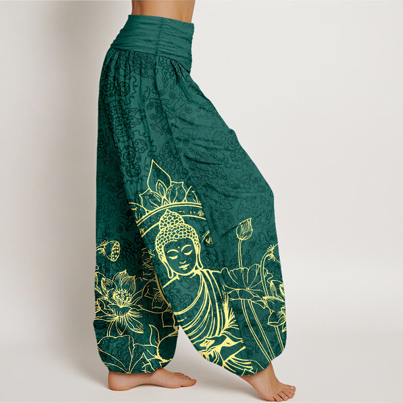 Nimara Ritual Pure Cotton Classical Lotus Flower Seedpod Leaf Buddha Pattern Women's Elastic Waist Harem Pants