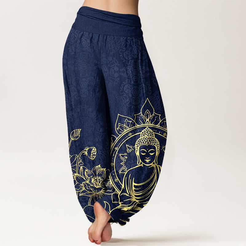 Nimara Ritual Pure Cotton Classical Lotus Flower Seedpod Leaf Buddha Pattern Women's Elastic Waist Harem Pants