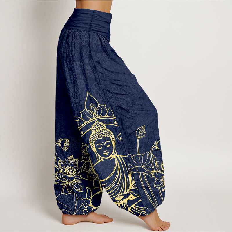 Nimara Ritual Pure Cotton Classical Lotus Flower Seedpod Leaf Buddha Pattern Women's Elastic Waist Harem Pants