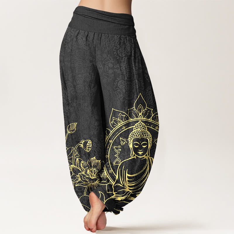 Nimara Ritual Pure Cotton Classical Lotus Flower Seedpod Leaf Buddha Pattern Women's Elastic Waist Harem Pants