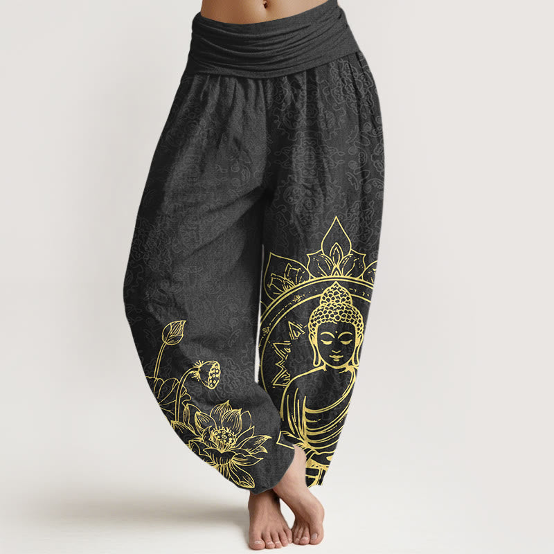 Nimara Ritual Pure Cotton Classical Lotus Flower Seedpod Leaf Buddha Pattern Women's Elastic Waist Harem Pants