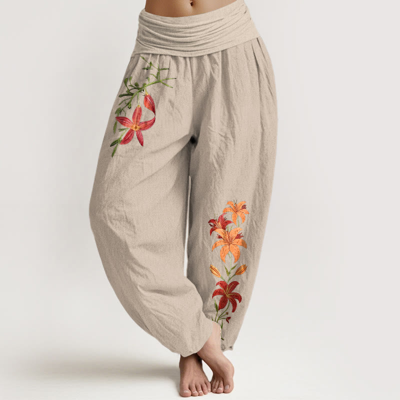 Nimara Ritual Pure Cotton Brightly Colored Lilies Five-Petaled Flower Pattern Women's Elastic Waist Harem Pants