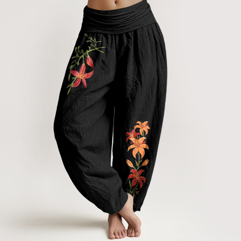 Nimara Ritual Pure Cotton Brightly Colored Lilies Five-Petaled Flower Pattern Women's Elastic Waist Harem Pants