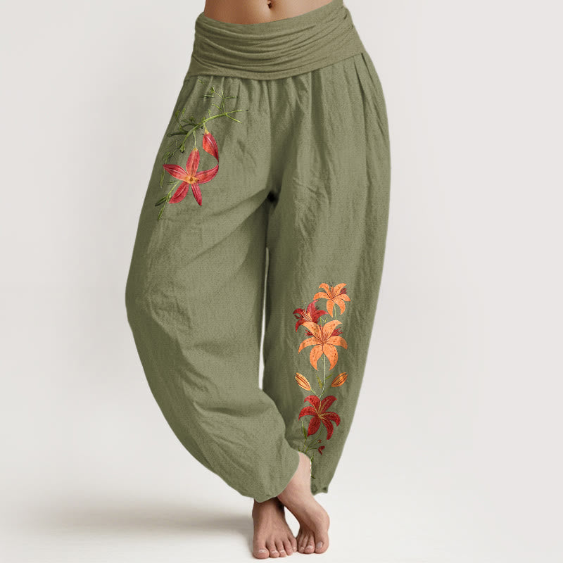 Nimara Ritual Pure Cotton Brightly Colored Lilies Five-Petaled Flower Pattern Women's Elastic Waist Harem Pants