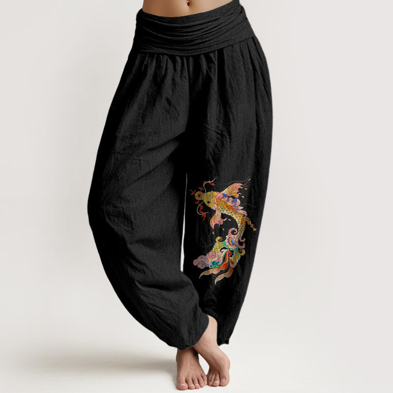Nimara Ritual Pure Cotton Brightly Colored Koi Fish Copper Coins Chinese Characters Pattern Women's Elastic Waist Harem Pants
