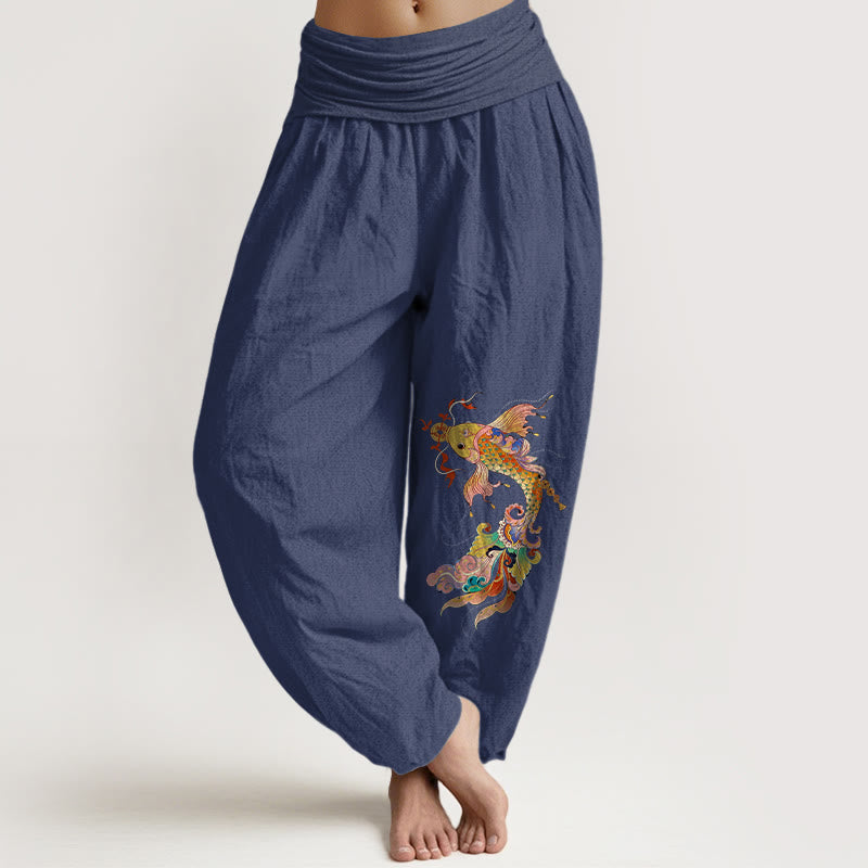 Nimara Ritual Pure Cotton Brightly Colored Koi Fish Copper Coins Chinese Characters Pattern Women's Elastic Waist Harem Pants