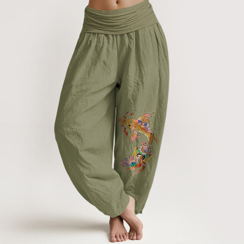 Nimara Ritual Pure Cotton Brightly Colored Koi Fish Copper Coins Chinese Characters Pattern Women's Elastic Waist Harem Pants