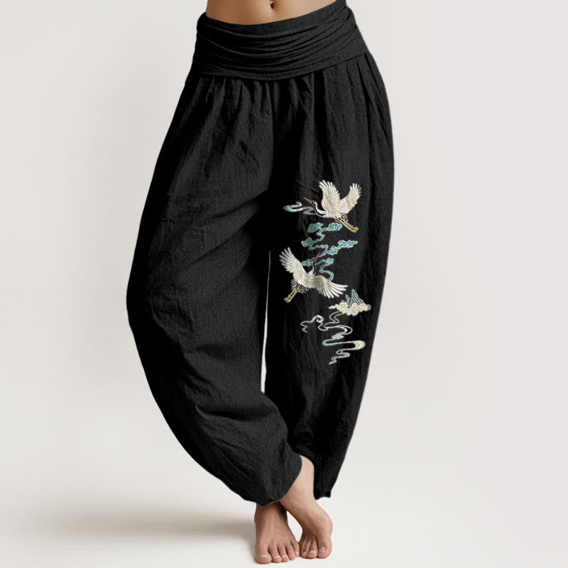 Nimara Ritual Pure Cotton Elegant Crane Cloud Mountain Pattern Women's Elastic Waist Harem Pants