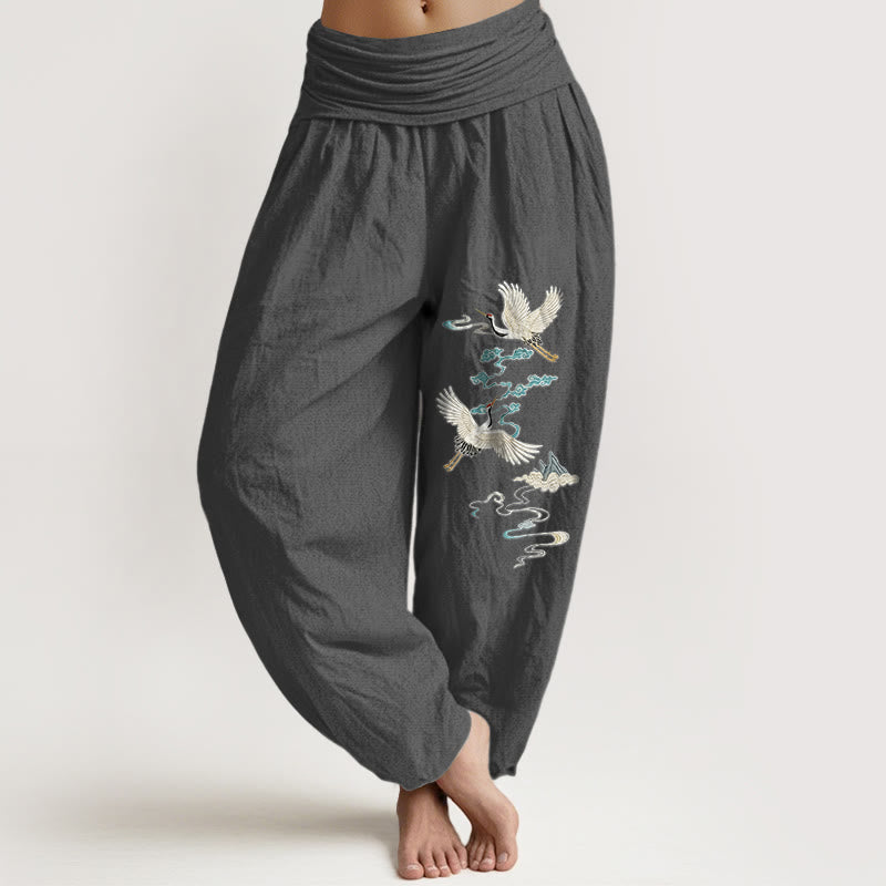 Nimara Ritual Pure Cotton Elegant Crane Cloud Mountain Pattern Women's Elastic Waist Harem Pants