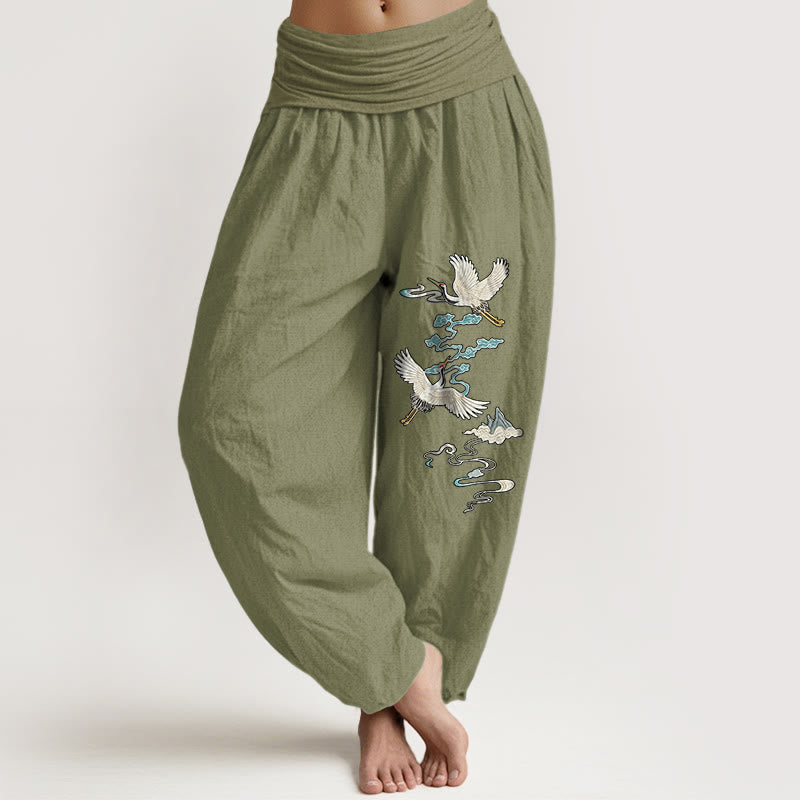 Nimara Ritual Pure Cotton Elegant Crane Cloud Mountain Pattern Women's Elastic Waist Harem Pants