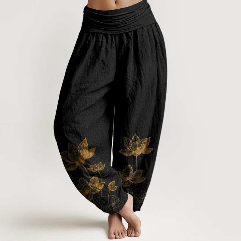 Nimara Ritual Pure Cotton Line Drawing Lotus Flower Pattern Women's Elastic Waist Harem Pants