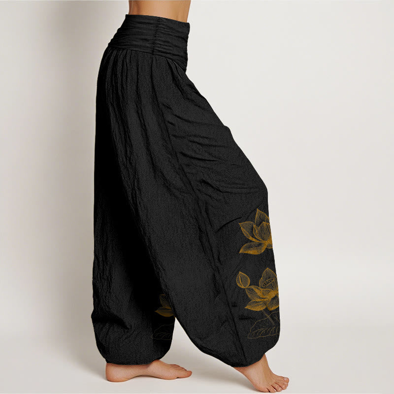 Nimara Ritual Pure Cotton Line Drawing Lotus Flower Pattern Women's Elastic Waist Harem Pants