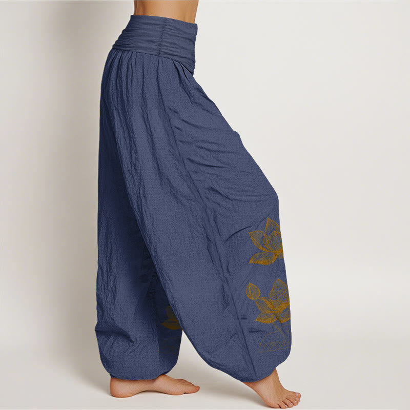 Nimara Ritual Pure Cotton Line Drawing Lotus Flower Pattern Women's Elastic Waist Harem Pants