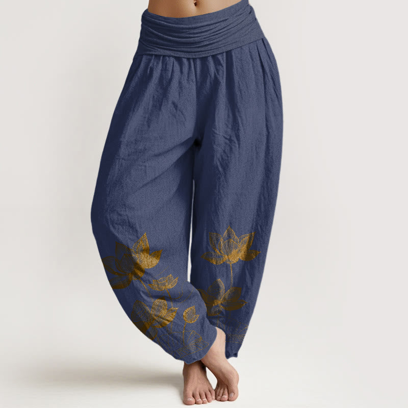 Nimara Ritual Pure Cotton Line Drawing Lotus Flower Pattern Women's Elastic Waist Harem Pants