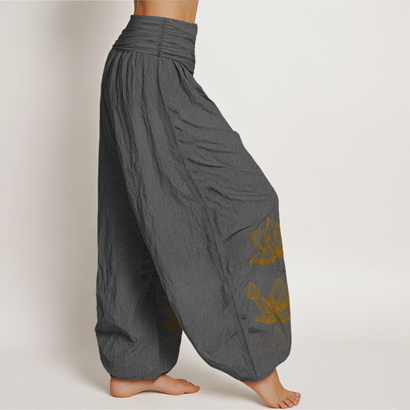Nimara Ritual Pure Cotton Line Drawing Lotus Flower Pattern Women's Elastic Waist Harem Pants