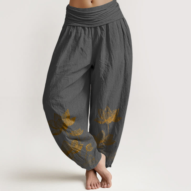 Nimara Ritual Pure Cotton Line Drawing Lotus Flower Pattern Women's Elastic Waist Harem Pants