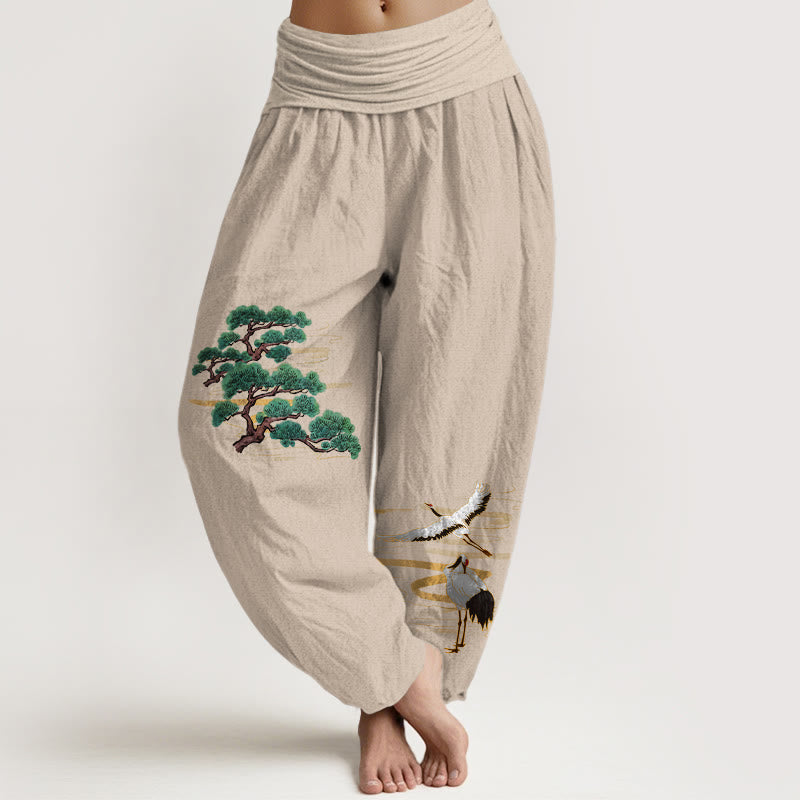 Nimara Ritual Pure Cotton Elegant Colors Pine Tree Crane Pattern Women's Elastic Waist Harem Pants