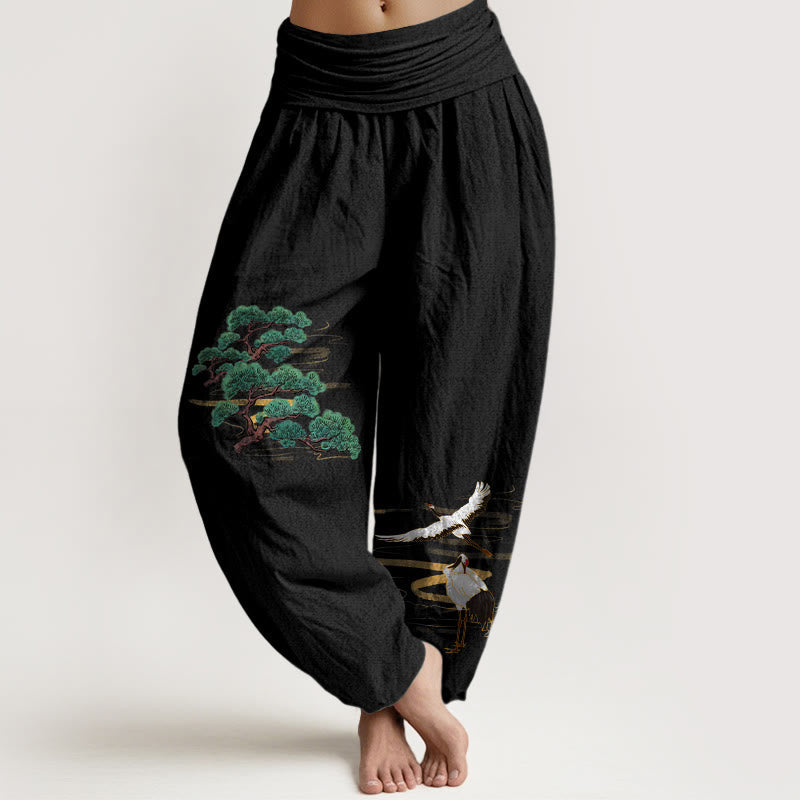 Nimara Ritual Pure Cotton Elegant Colors Pine Tree Crane Pattern Women's Elastic Waist Harem Pants