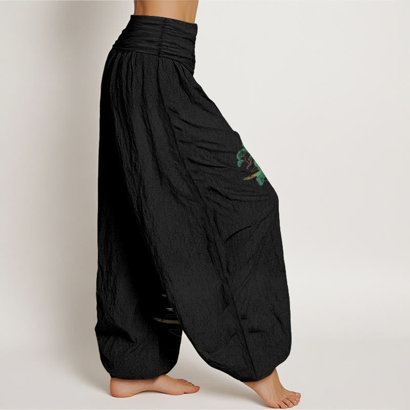 Nimara Ritual Pure Cotton Elegant Colors Pine Tree Crane Pattern Women's Elastic Waist Harem Pants